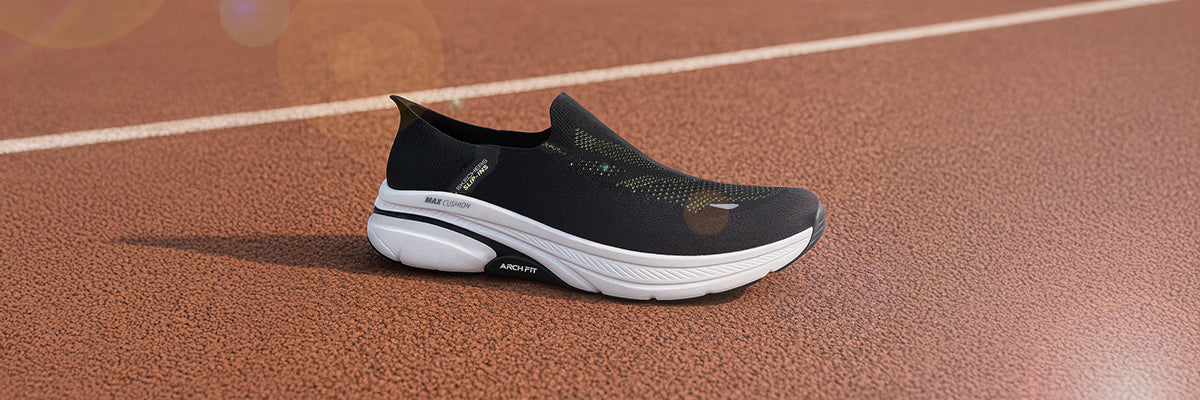 hands-free Skechers Slip-Ins showcased on a running track, demonstrating style and comfort for everyday wear.