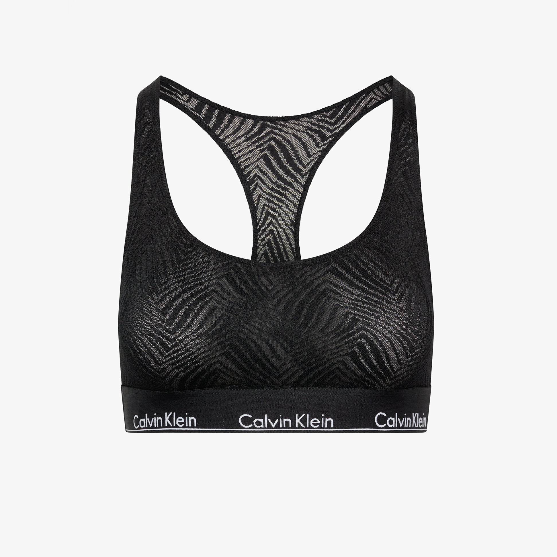 Calvin Klein LACE Unlined Bralette Womens Black front view featuring semi-sheer graphic lace and racerback design.