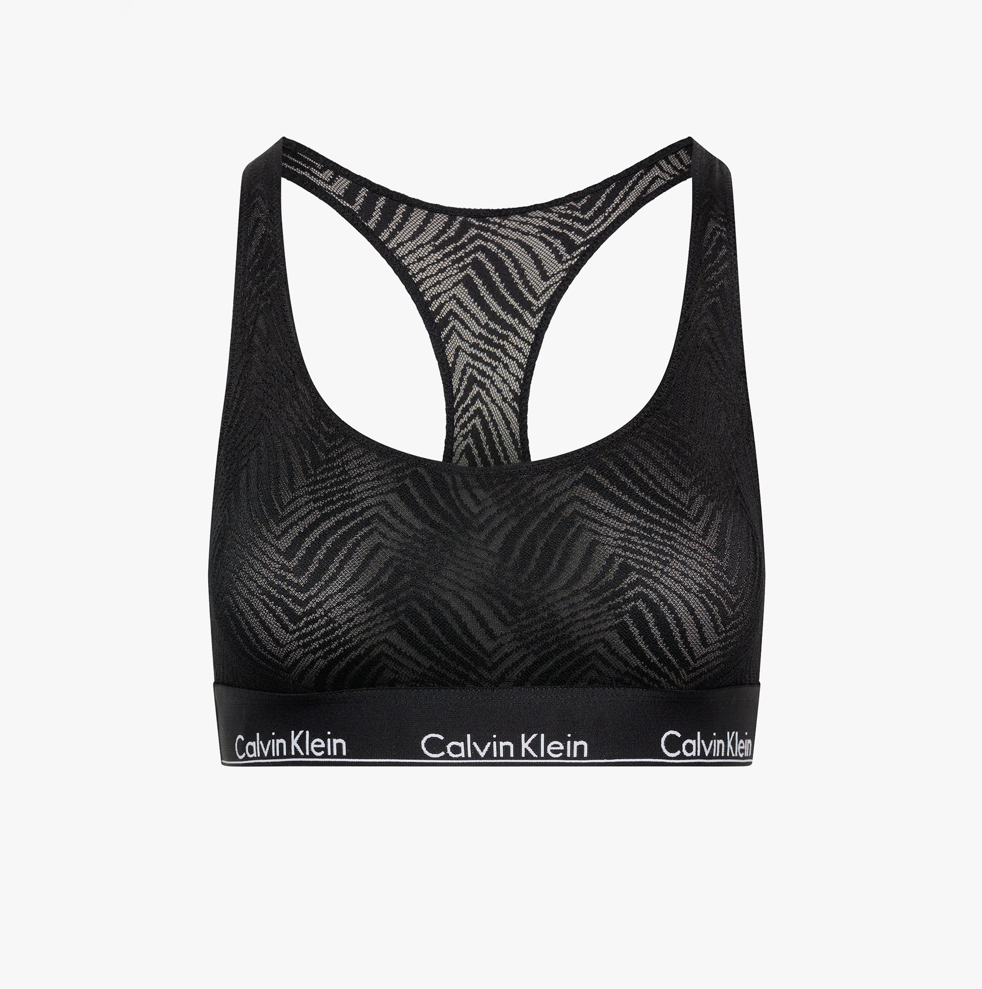Calvin Klein LACE Unlined Bralette Womens Black front view featuring semi-sheer graphic lace and racerback design.