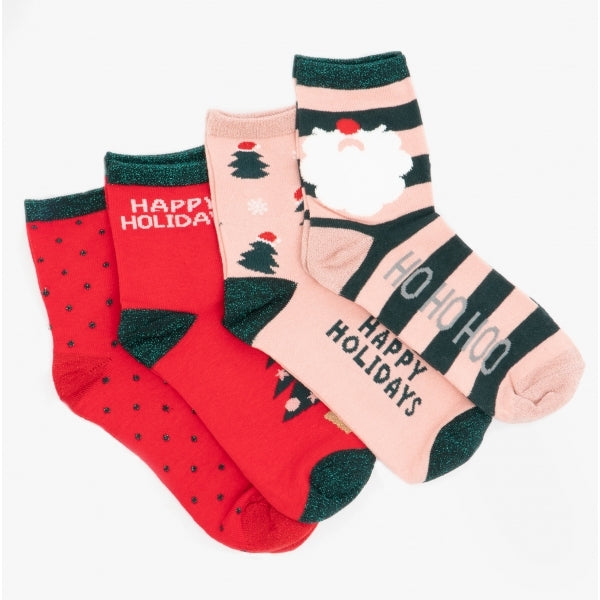 Joules SNOWFLAKE Womens Cotton 4 Pack Socks Red/Multi