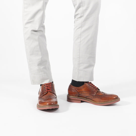 Base London WOBURN Mens Brogue Derby Shoes Tan Hi-Shine
