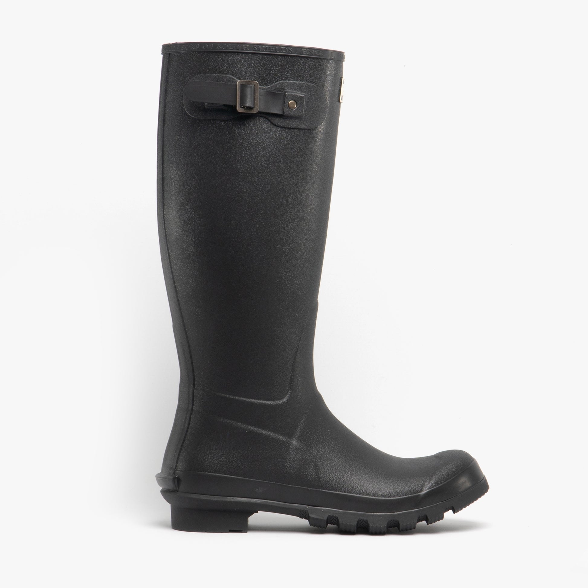 Barbour BEDE Mens Tall Wellington Boots Black side view showcasing the knee-high rubber design and sleek pull-on style.