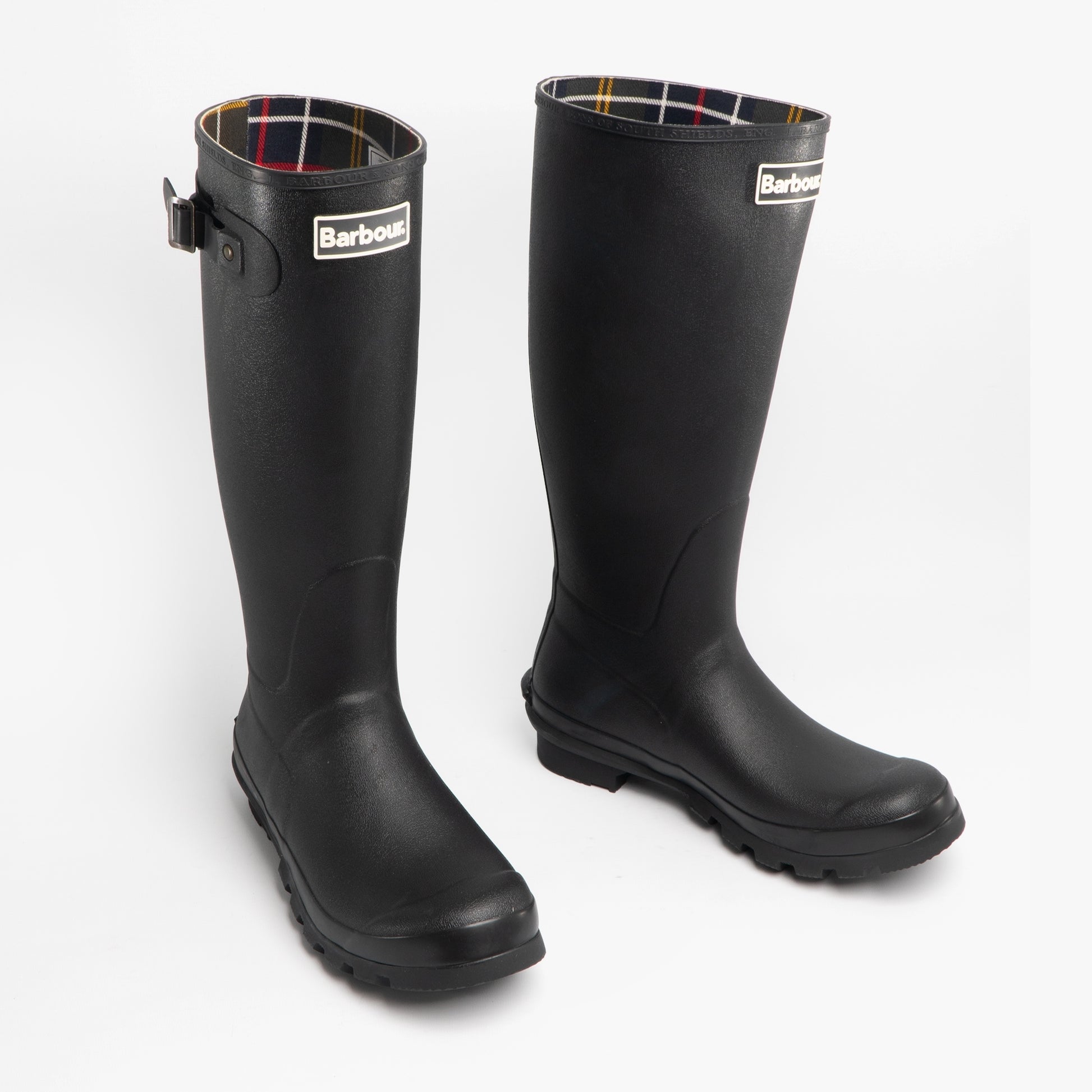 Barbour BEDE Mens Tall Wellington Boots Black, front view showing knee-high rubber design with textile lining.