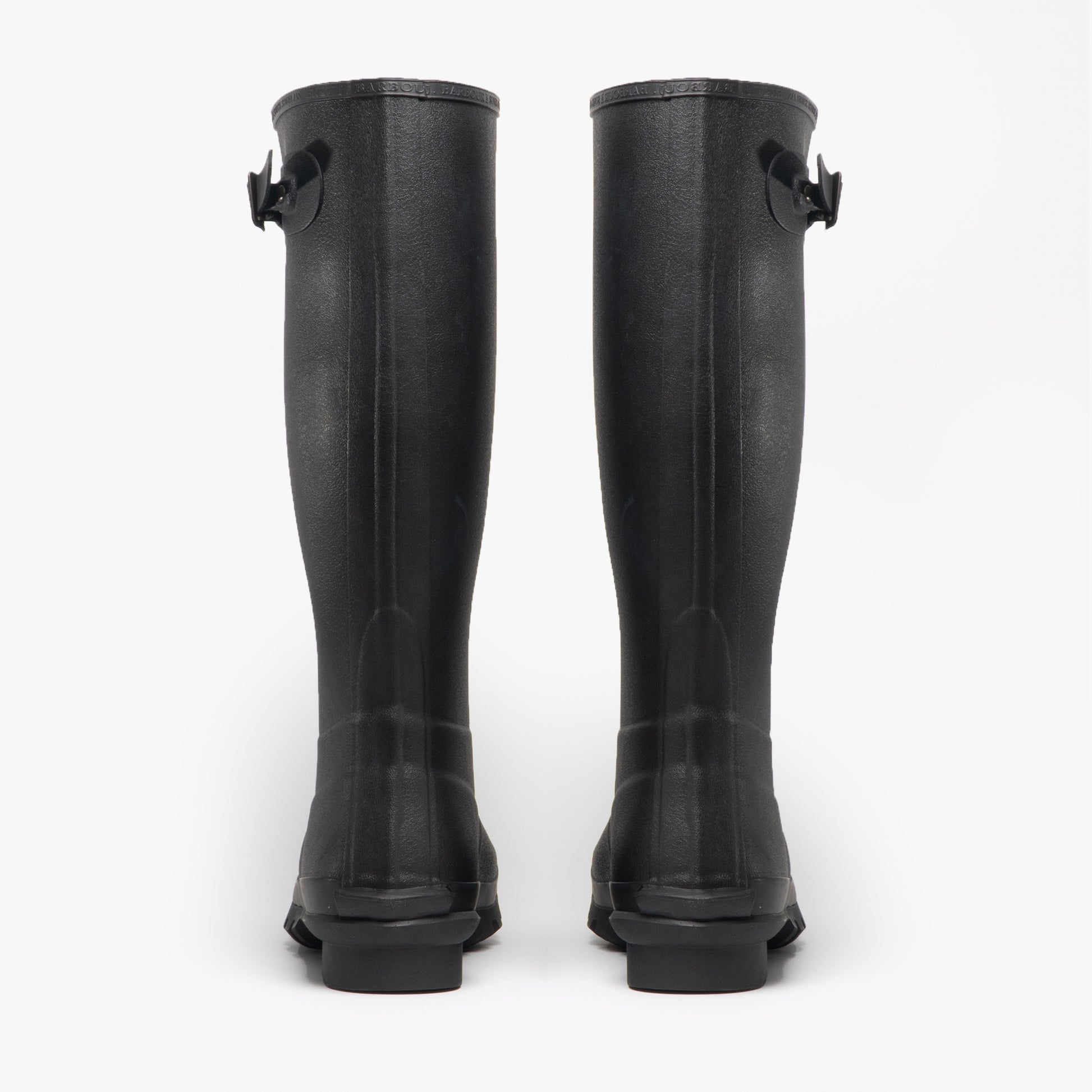 Barbour BEDE Mens Tall Wellington Boots Black back view showcasing waterproof rubber construction.