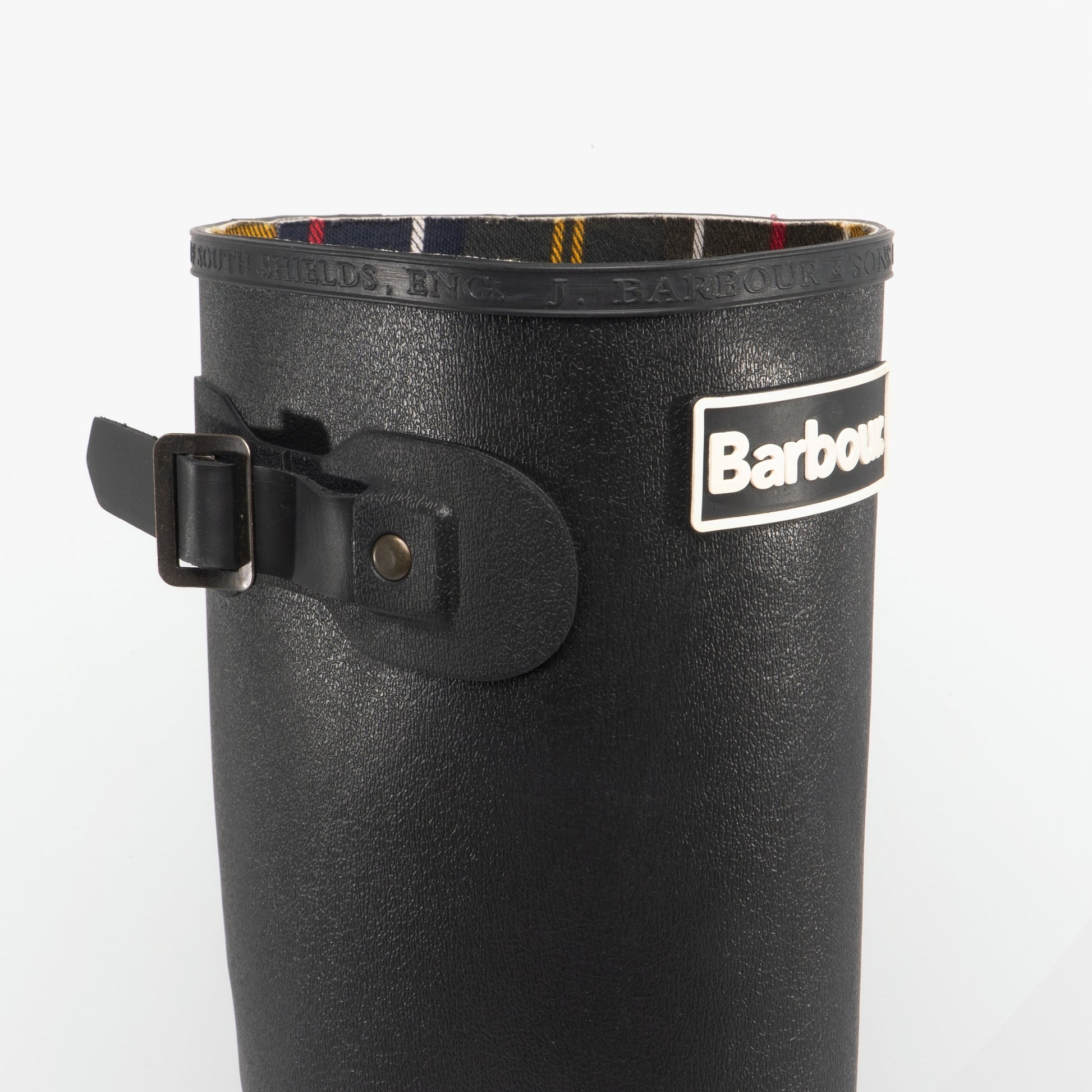 Barbour BEDE Mens Tall Wellington Boots Black detail view with buckle and interior design.