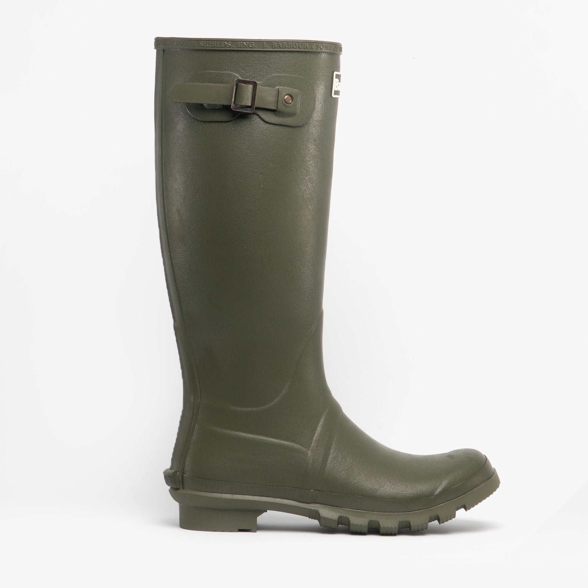 Barbour BEDE Mens Tall Wellington Boots Olive side view showing rubber upper and knee-high design.