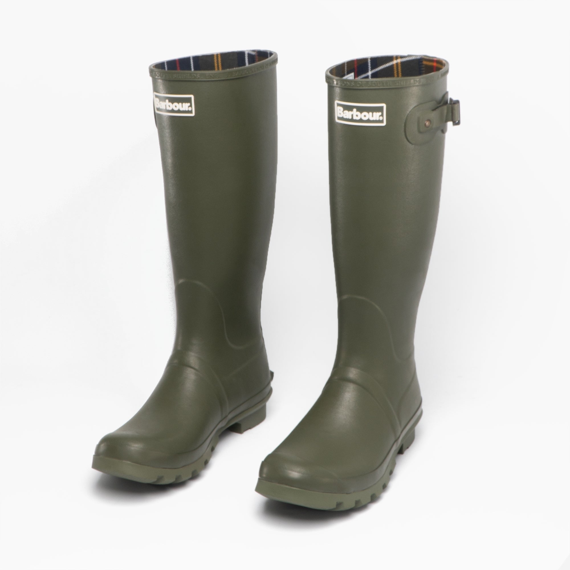 Barbour BEDE Mens Tall Wellington Boots Olive side view showcasing rubber upper and textile lining.