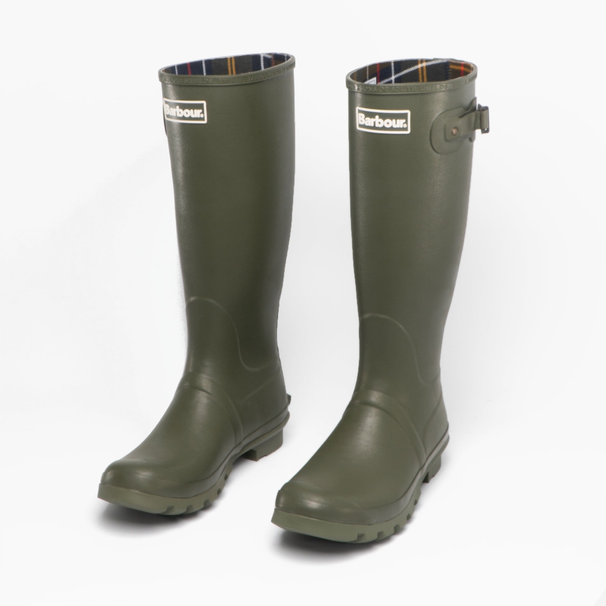 Barbour BEDE Mens Tall Wellington Boots Olive side view showcasing rubber upper and textile lining.