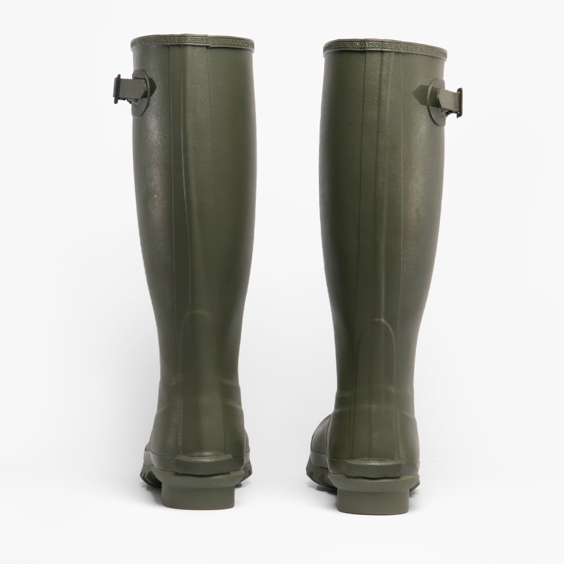 Barbour BEDE Mens Tall Wellington Boots Olive rear view showcasing knee-high rubber design.