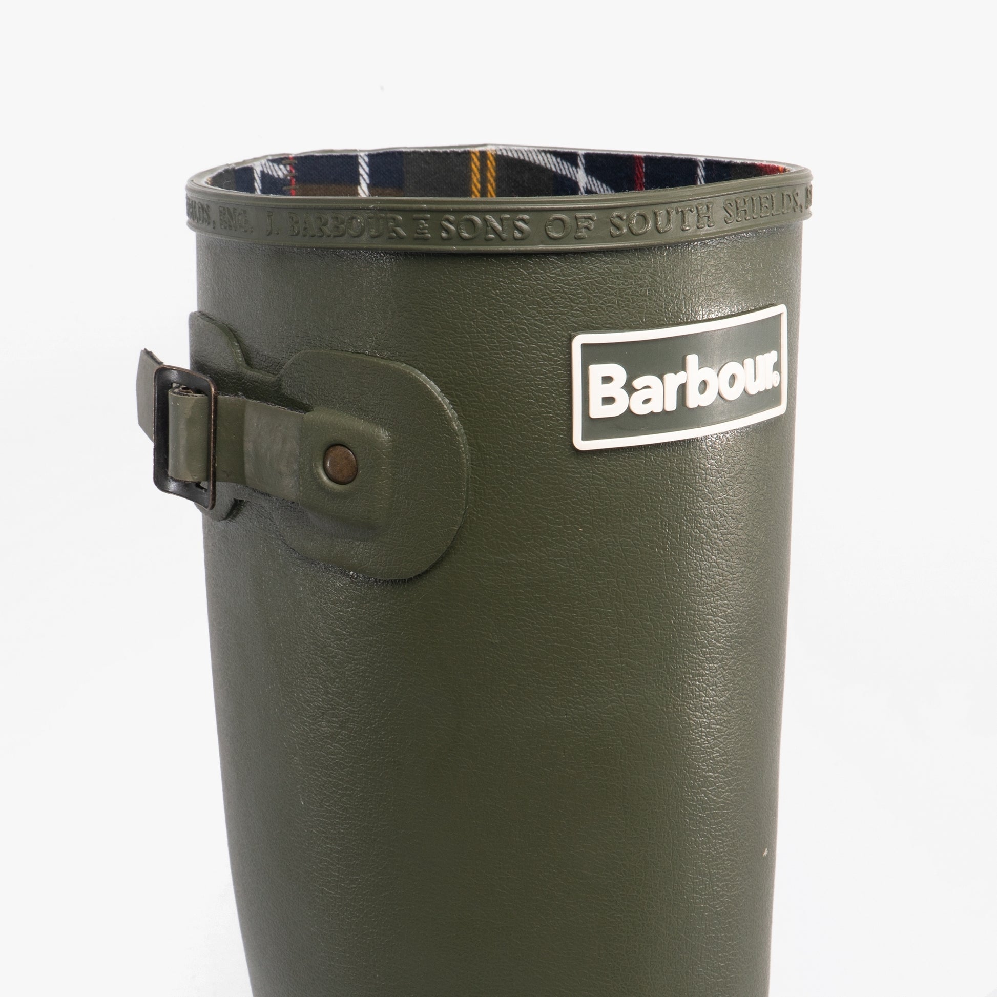 Barbour BEDE Mens Tall Wellington Boots Olive side view with buckle detail and signature logo.