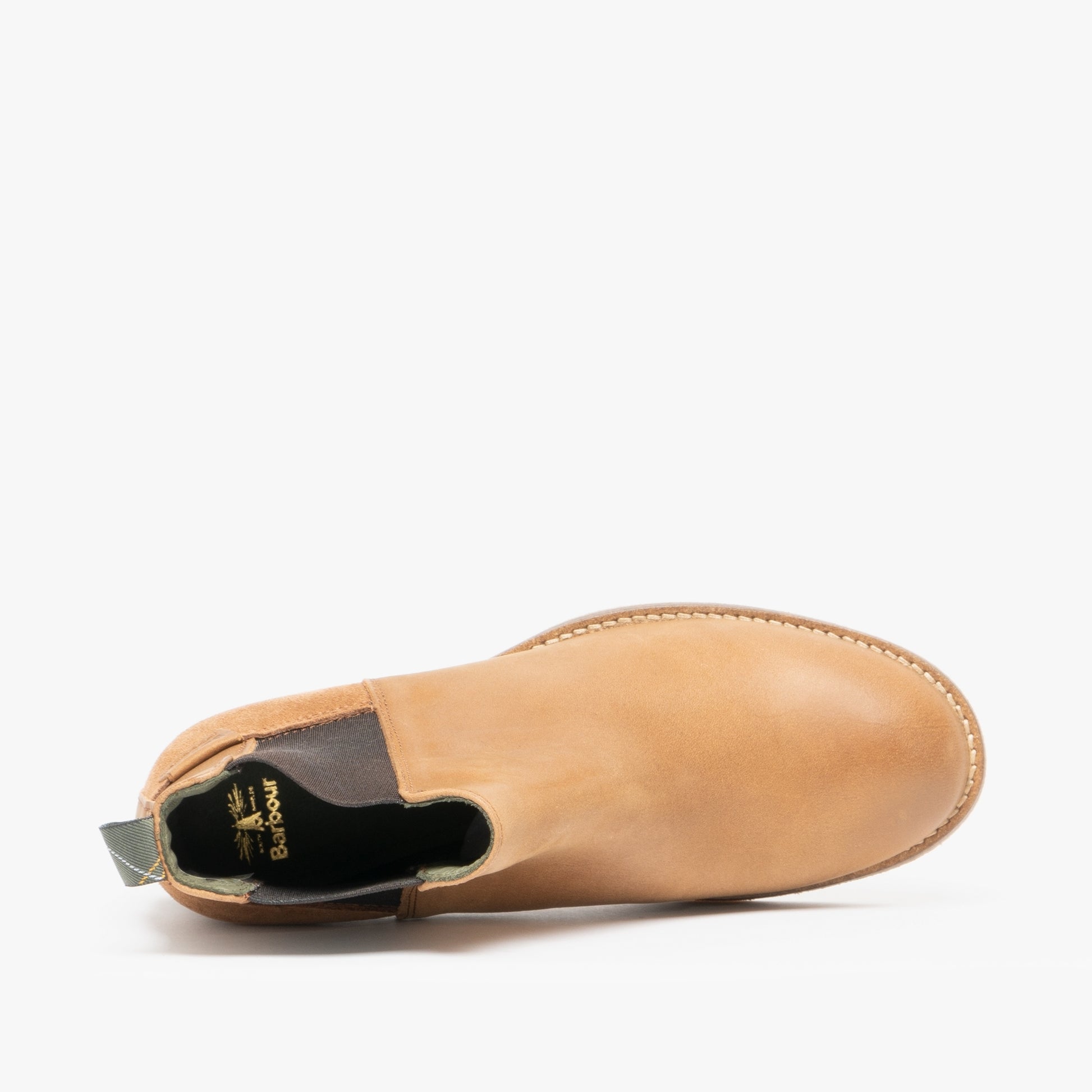 Barbour KEREN Womens Leather Chelsea Boots Tan top view showcasing smooth nubuck finish and elasticated side panel.