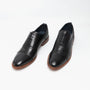 Base London CAST Mens Leather Brogue Shoes Black, front view showcasing sleek leather finish and detailed brogue design.
