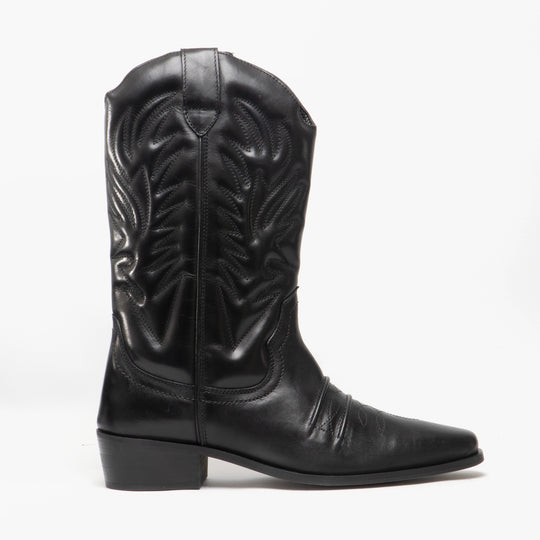 Woodland KANSAS Mens Calf Length Leather Cowboy Boots Black