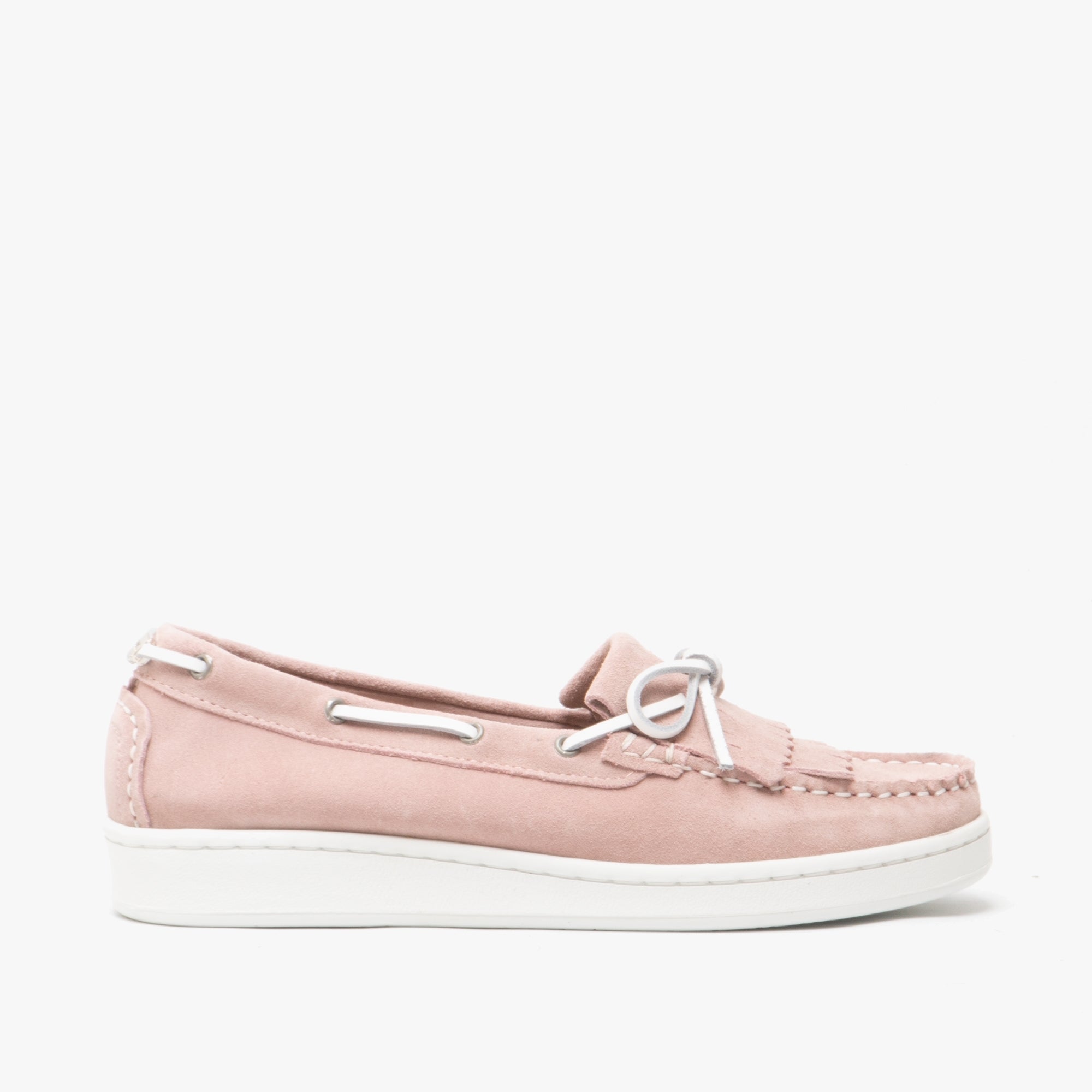 Barbour KLARA Womens Suede Fringe Loafers Pink side view, featuring a sleek design with a flat sole.
