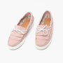 Barbour KLARA Womens Suede Fringe Loafers Pink, front view showing suede material and fringe detailing.