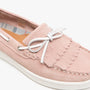 Barbour KLARA Womens Suede Fringe Loafers Pink side view with detail of suede and fringe design.