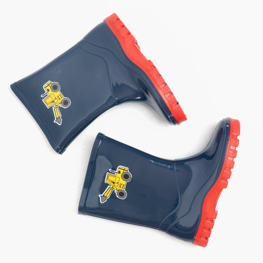 Stormwells PUDDLE Boys Digger Wellington Boots Navy Blue/Red