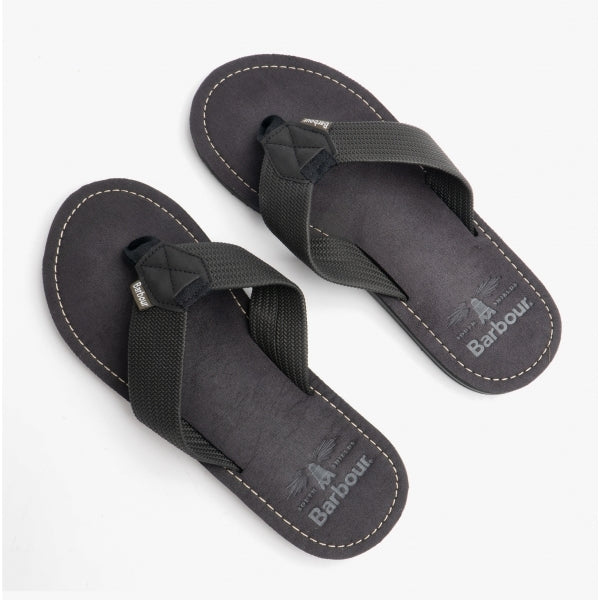Barbour TOEMAN Mens Flip Flops Black top view, showing nylon upper and synthetic sole, lightweight design.