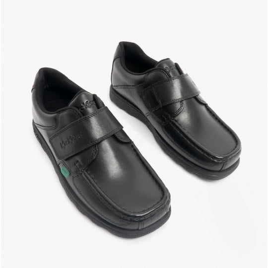 Kickers 114863 FRAGMA STRAP Boys School Shoes Black side view showing low top design and touch fasten strap.