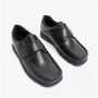 Kickers 114863 FRAGMA STRAP Boys School Shoes Black side view showing low top design and touch fasten strap.