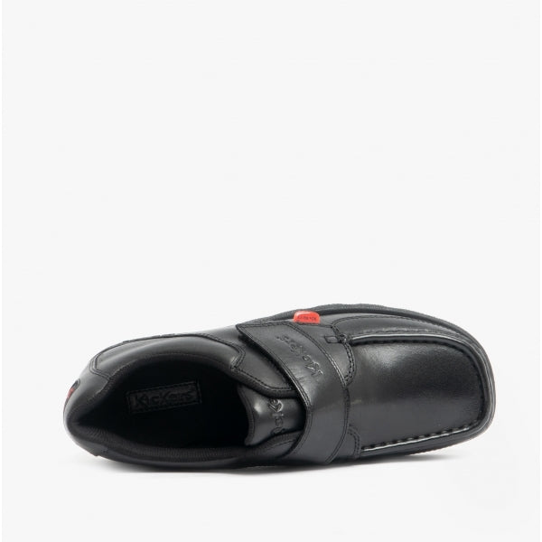 Kickers 114863 FRAGMA STRAP Boys School Shoes Black top view showing touch fastening and leather upper.