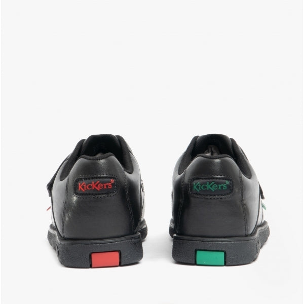 Kickers 114863 FRAGMA STRAP Boys School Shoes Black back view showing leather material and contrasting sole colors.