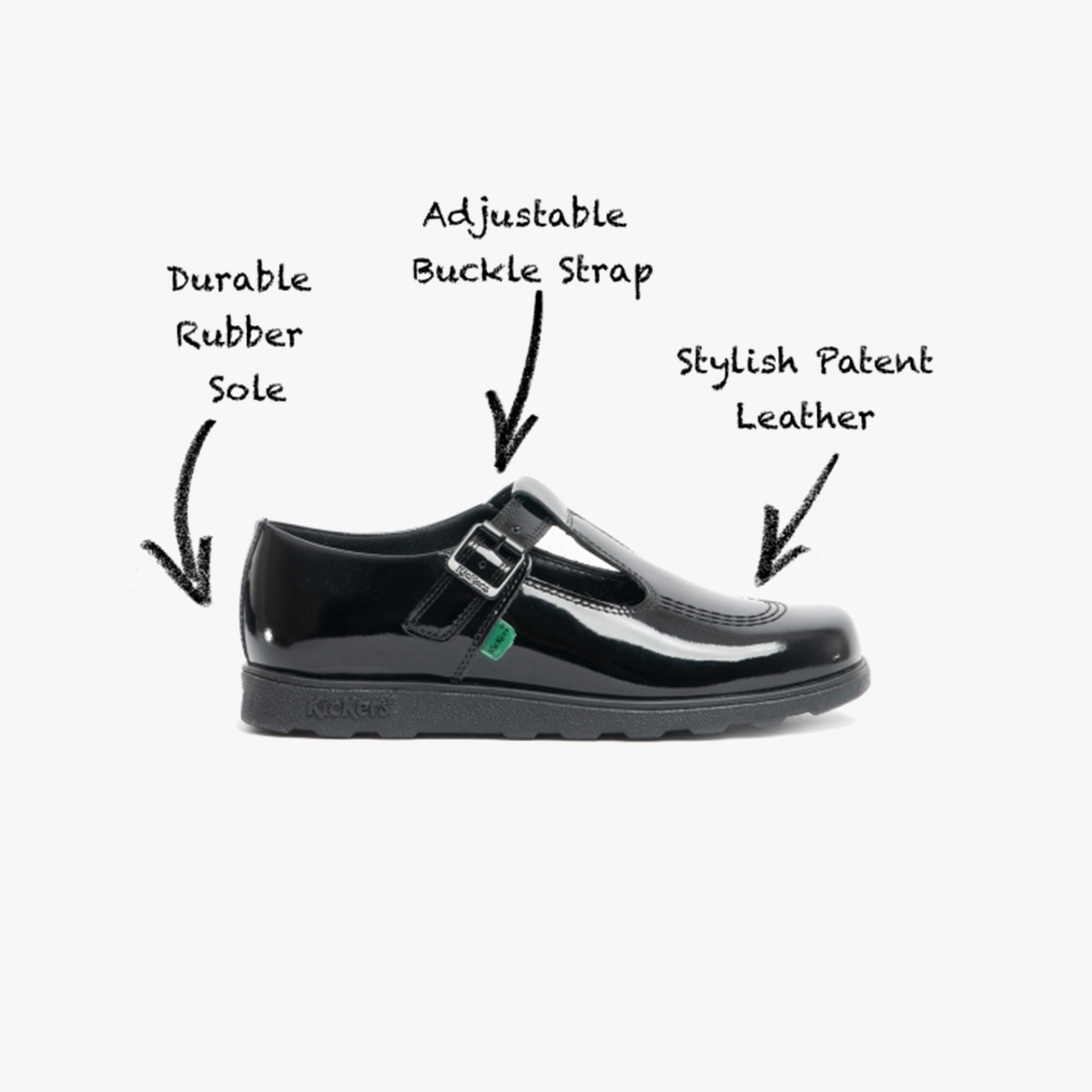Kickers 115202 FRAGMA T-BUCKLE Girls School Shoes Patent Black