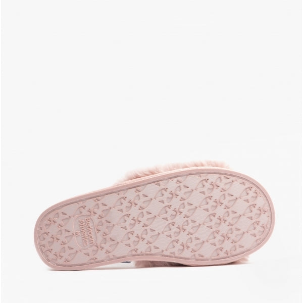 Bedroom Athletics RUBY Womens Faux Fur Slide Slippers Aquarelle bottom view with flat synthetic sole design.