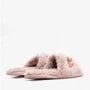 Bedroom Athletics RUBY Womens Faux Fur Slide Slippers Aquarelle side view showing soft pink color and plush material.