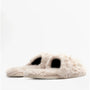 Bedroom Athletics RUBY Womens Faux Fur Slide Slippers Cream side view showcasing soft faux fur material and flat sole.