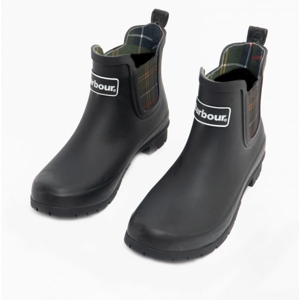 Barbour KINGHAM Womens Rubber Ankle Wellington Boots Black side view featuring pull-on design and plaid lining.