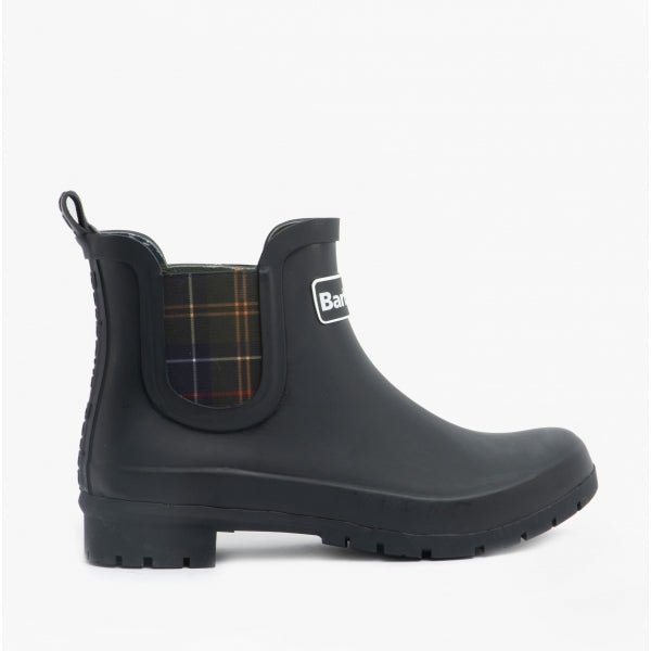 Barbour KINGHAM Womens Rubber Ankle Wellington Boots Black side view, featuring a pull-on design and check lining.