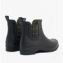 Barbour KINGHAM Womens Rubber Ankle Wellington Boots Black back view showcasing plaid lining and rubber construction.