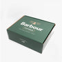 Barbour Footwear green packaging box view, showcasing the brand logo and established year.