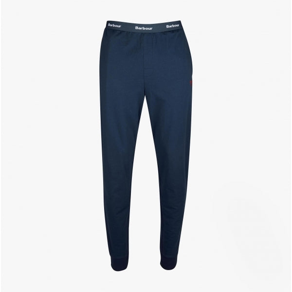 Barbour JAKE Mens Lounge Joggers Navy front view, showcasing elasticated waistband and logo detail.