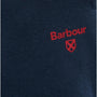 Barbour JAKE Mens Lounge Joggers Navy detail view showing Barbour logo in red on navy fabric.