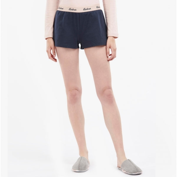 Barbour SADIE Womens Lounge Shorts Navy front view, lightweight breathable cotton shorts on model.