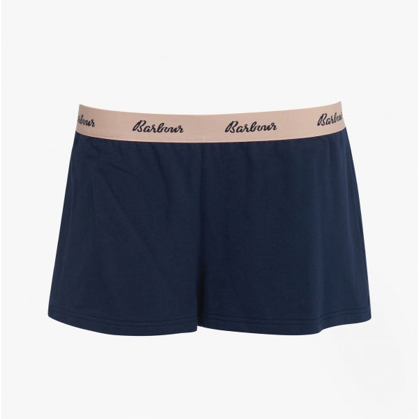 Barbour SADIE Womens Lounge Shorts Navy front view showcasing lightweight, breathable cotton fabric.