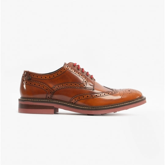Base London WOBURN Mens Brogue Derby Shoes Tan Hi-Shine