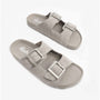 Barbour ELLIS Womens Suede Mule Slippers Grey side view showing dual buckle design and soft suede upper.