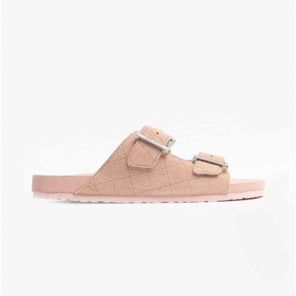 Barbour ELLIS Womens Suede Mule Slippers Pink side view with buckle details and textured upper.