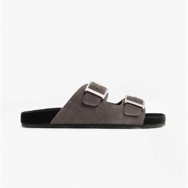 Barbour EDDIE Mens Suede Mule Slippers Dark Grey side view showcasing suede upper and buckle details.