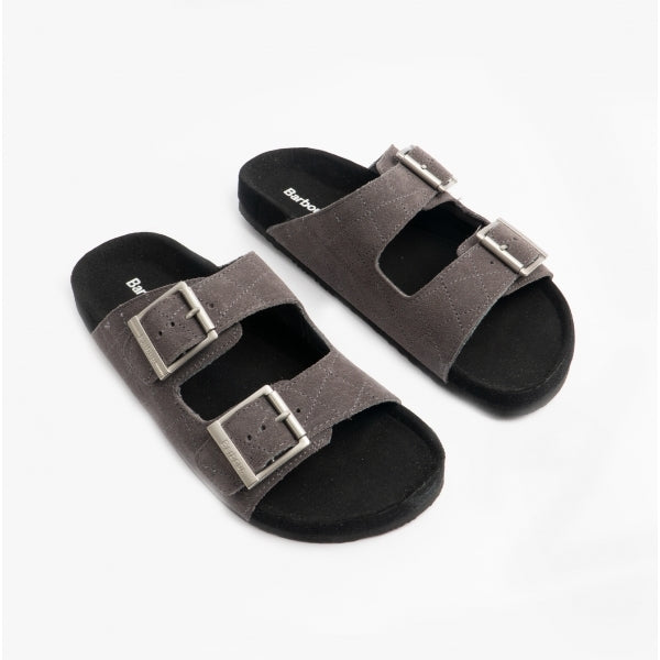 Barbour EDDIE Mens Suede Mule Slippers Dark Grey side view showcasing double buckle design and soft suede upper.
