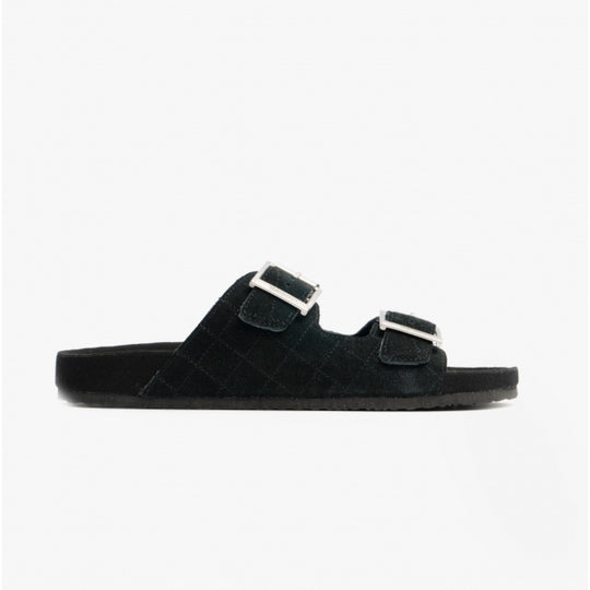 Barbour EDDIE Mens Suede Mule Slippers Black side view featuring two buckles and a flat sole.