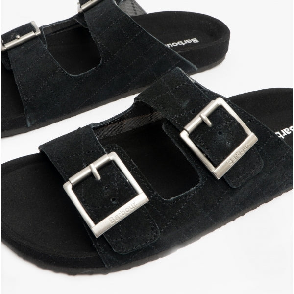 Barbour EDDIE Mens Suede Mule Slippers Black top view showing buckles and suede upper details.