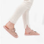 Barbour ELLIS Womens Suede Mule Slippers Pink side view worn with cream pants