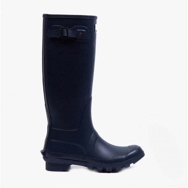 Barbour BEDE Womens Tall Wellington Boots Navy side view showcasing rubber upper and knee-high design.