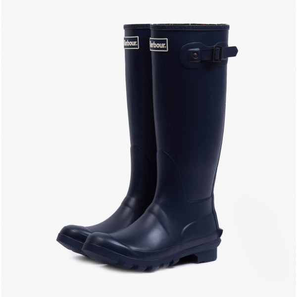 Barbour BEDE Womens Tall Wellington Boots Navy side view showcasing waterproof design and knee-high shaft.