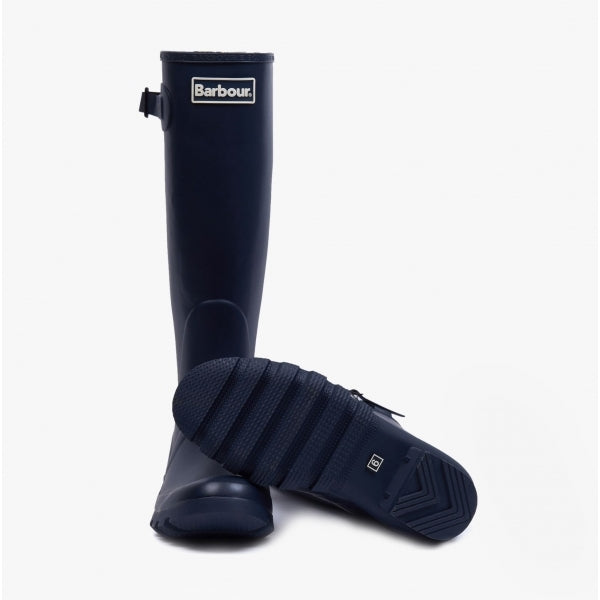 Side view of Barbour BEDE Womens Tall Wellington Boots Navy showing the sole.