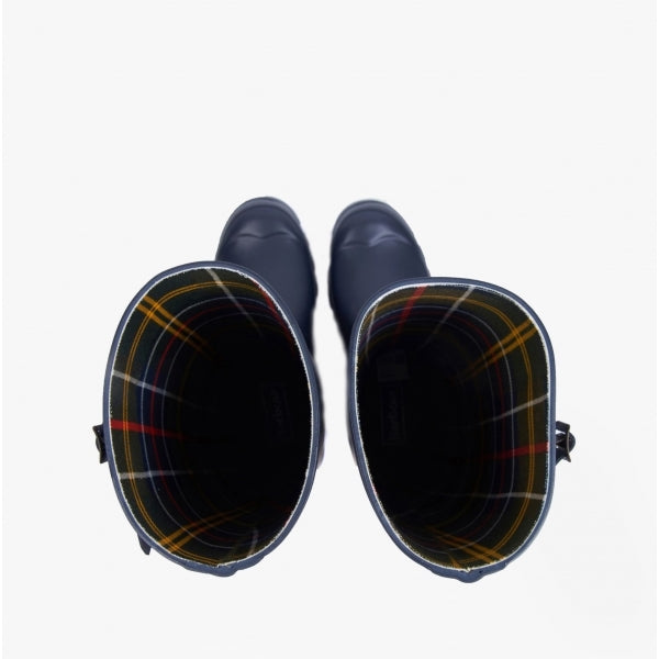 Barbour BEDE Womens Tall Wellington Boots Navy interior view showcasing tartan lining.